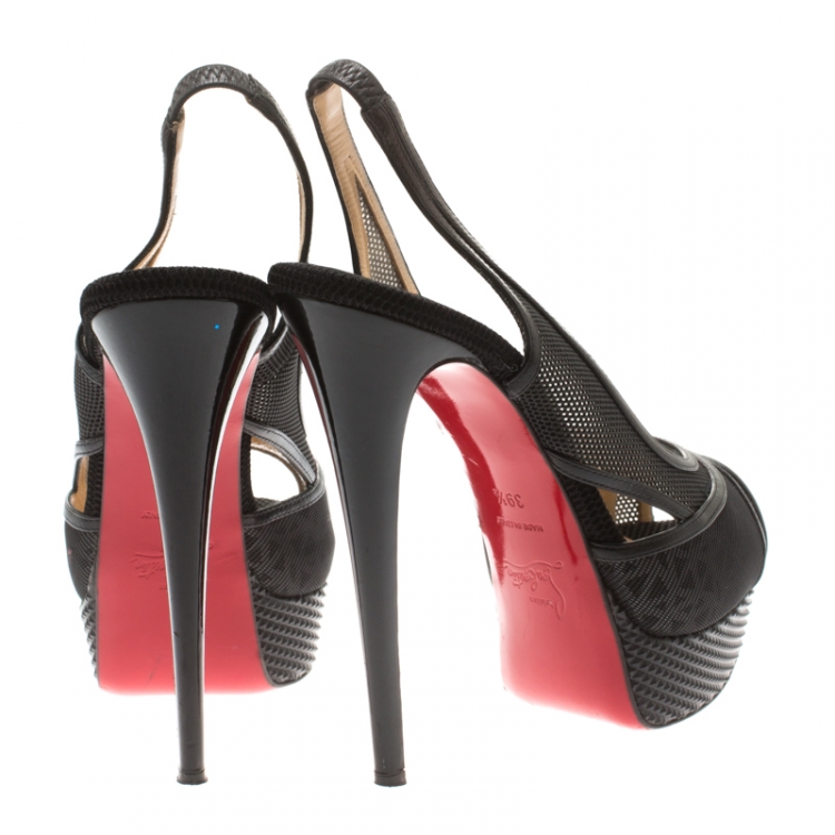 Pre Owned Christian Louboutin Black Mesh And Leather Trim Marina Slingback Platform Sandals Size 39.5