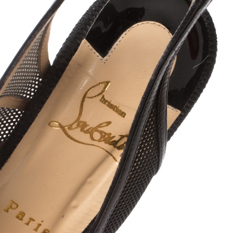 Pre Owned Christian Louboutin Black Mesh And Leather Trim Marina Slingback Platform Sandals Size 39.5