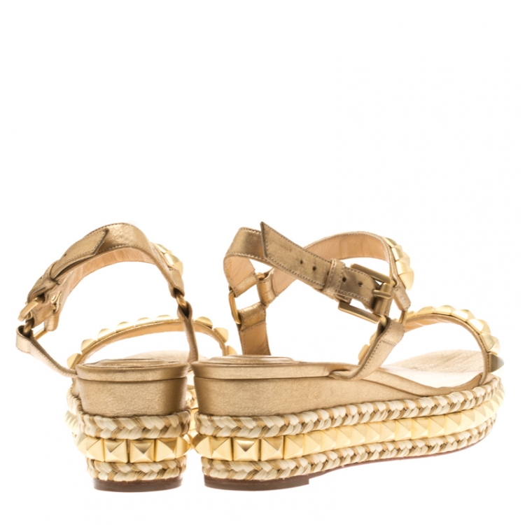 Pre Owned Christian Louboutin Metallic Gold Studded Leather Cataclou Espadrille Wedge Sandals Size 37