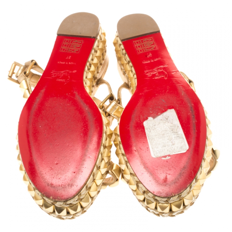 Pre Owned Christian Louboutin Metallic Gold Studded Leather Cataclou Espadrille Wedge Sandals Size 37