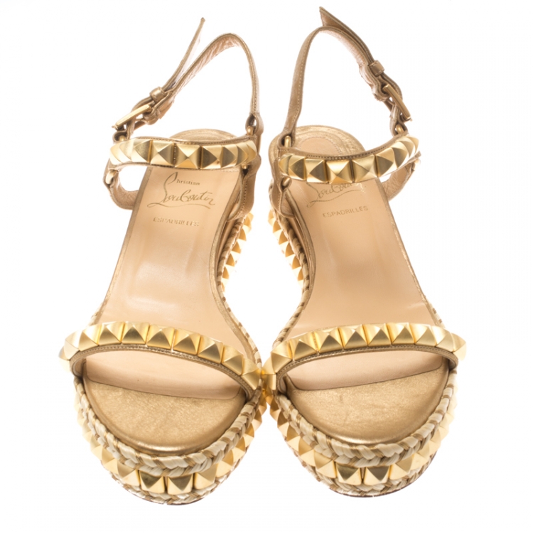 Pre Owned Christian Louboutin Metallic Gold Studded Leather Cataclou Espadrille Wedge Sandals Size 37