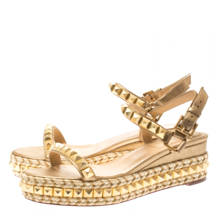 Pre Owned Christian Louboutin Metallic Gold Studded Leather Cataclou Espadrille Wedge Sandals Size 37