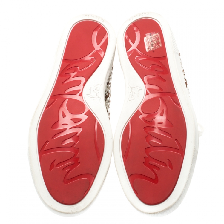 Pre Owned Christian Louboutin White Floral Laser Cut Leather And Brown Croc Embossed Leather Cap Toe Bip Bip High Top Sneakers Size 36