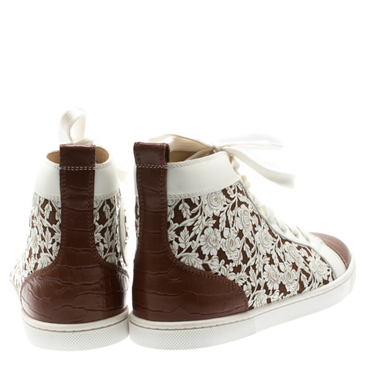 Pre Owned Christian Louboutin White Floral Laser Cut Leather And Brown Croc Embossed Leather Cap Toe Bip Bip High Top Sneakers Size 36