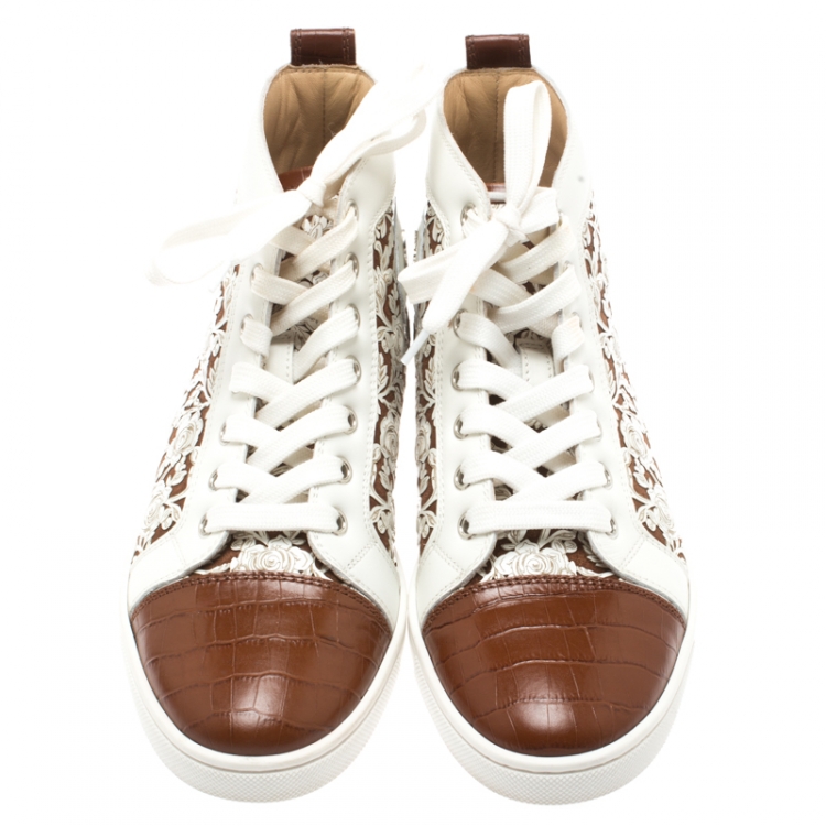 Pre Owned Christian Louboutin White Floral Laser Cut Leather And Brown Croc Embossed Leather Cap Toe Bip Bip High Top Sneakers Size 36