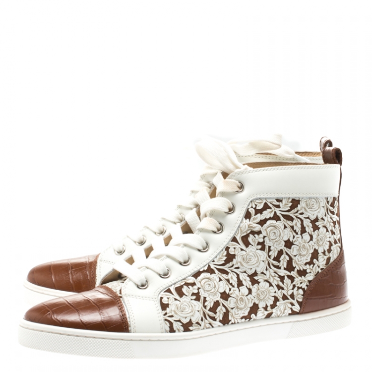 Pre Owned Christian Louboutin White Floral Laser Cut Leather And Brown Croc Embossed Leather Cap Toe Bip Bip High Top Sneakers Size 36