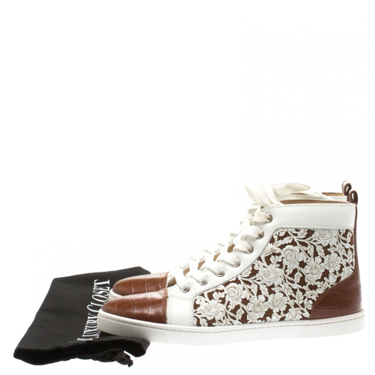 Pre Owned Christian Louboutin White Floral Laser Cut Leather And Brown Croc Embossed Leather Cap Toe Bip Bip High Top Sneakers Size 36