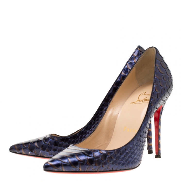 Pre Owned Christian Louboutin Metallic Blue/Grey Python Leather So Kate Pointed Toe Pumps Size 35