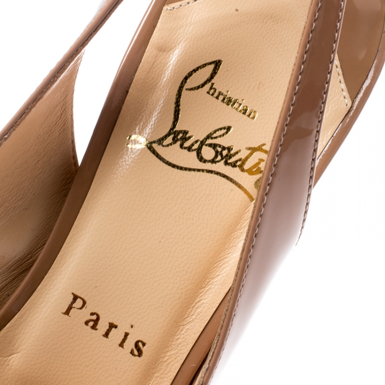 Pre Owned Christian Louboutin Beige Patent Leather Private Number Peep Toe Slingback Sandals Size 38.5
