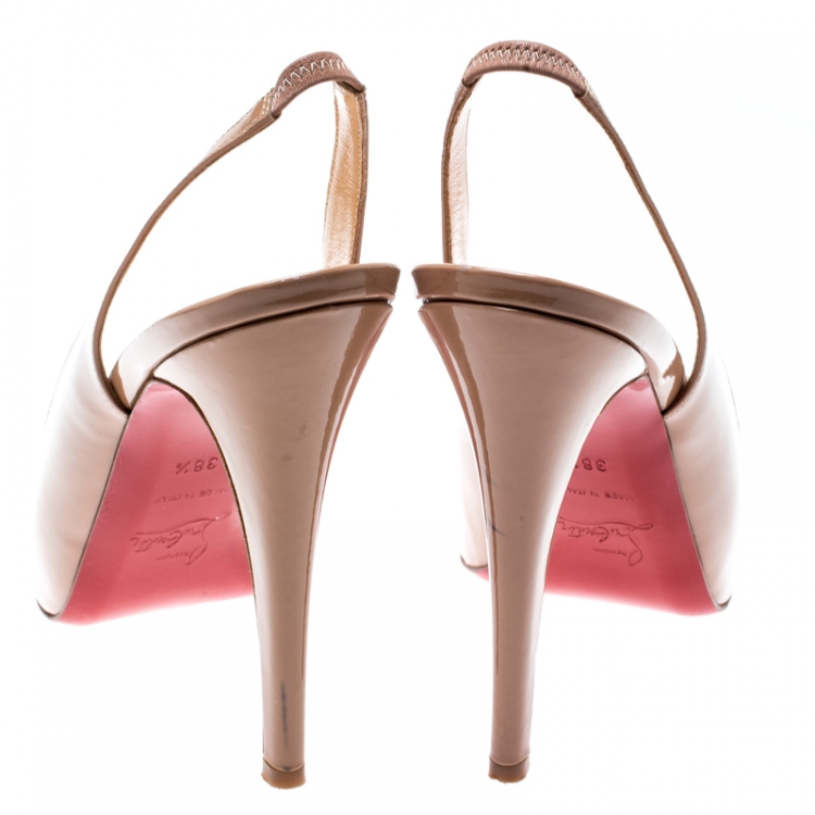 Pre Owned Christian Louboutin Beige Patent Leather Private Number Peep Toe Slingback Sandals Size 38.5