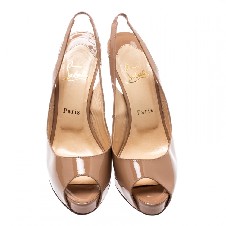 Pre Owned Christian Louboutin Beige Patent Leather Private Number Peep Toe Slingback Sandals Size 38.5