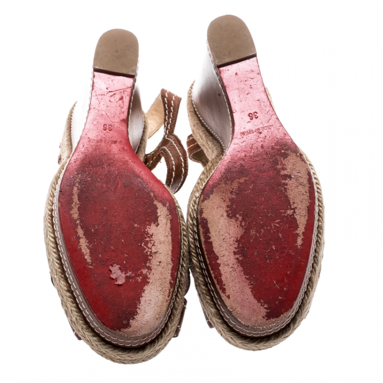 Pre Owned Christian Louboutin Brown Leather Almeria Cross Strap Espadrille Wedge Sandals Size 36