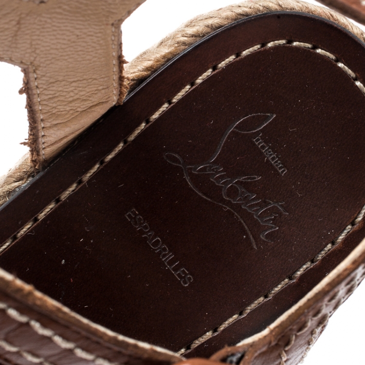 Pre Owned Christian Louboutin Brown Leather Almeria Cross Strap Espadrille Wedge Sandals Size 36