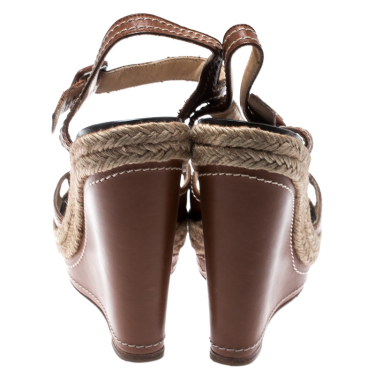 Pre Owned Christian Louboutin Brown Leather Almeria Cross Strap Espadrille Wedge Sandals Size 36