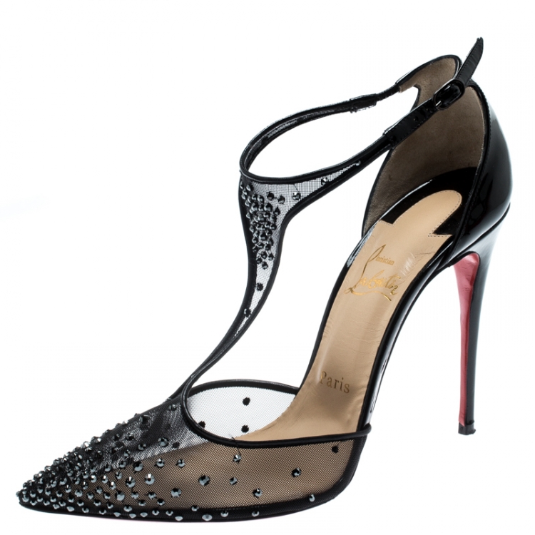 Pre Owned Christian Louboutin Black Mesh And Patent Leather Embellished Patinana T-Strap Pointed Toe Sandals Size 39.5