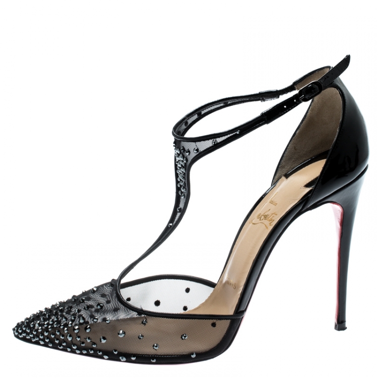 Pre Owned Christian Louboutin Black Mesh And Patent Leather Embellished Patinana T-Strap Pointed Toe Sandals Size 39.5