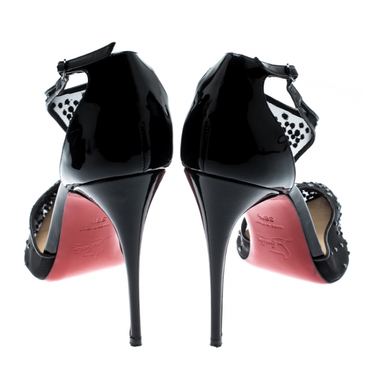 Pre Owned Christian Louboutin Black Mesh And Patent Leather Embellished Patinana T-Strap Pointed Toe Sandals Size 39.5