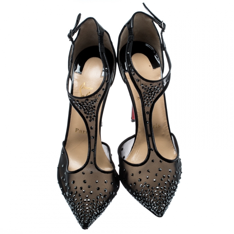 Pre Owned Christian Louboutin Black Mesh And Patent Leather Embellished Patinana T-Strap Pointed Toe Sandals Size 39.5