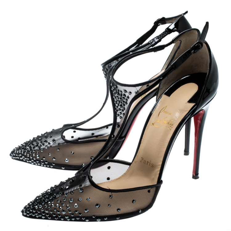 Pre Owned Christian Louboutin Black Mesh And Patent Leather Embellished Patinana T-Strap Pointed Toe Sandals Size 39.5