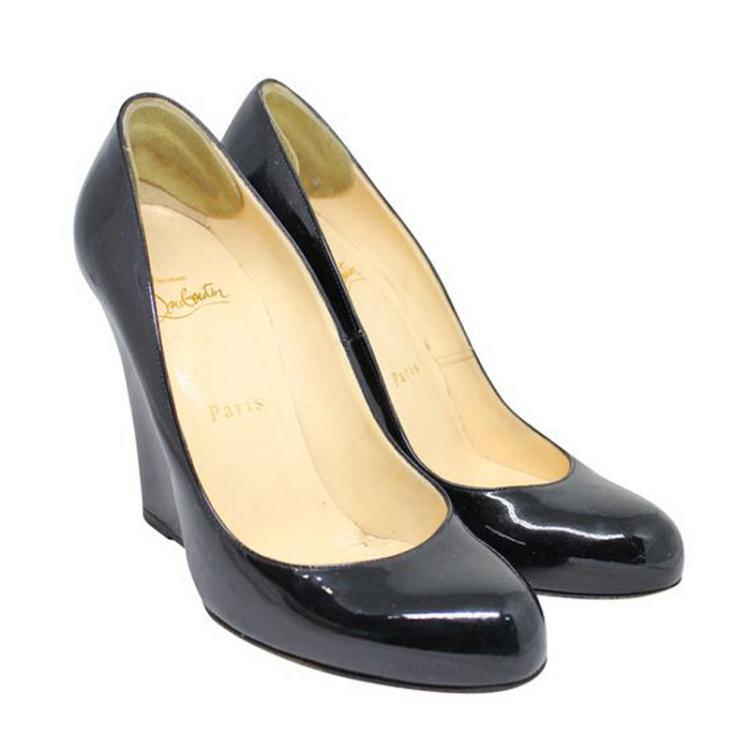 Pre Owned Christian Louboutin Black Patent Leather Wedges Pumps Size 38