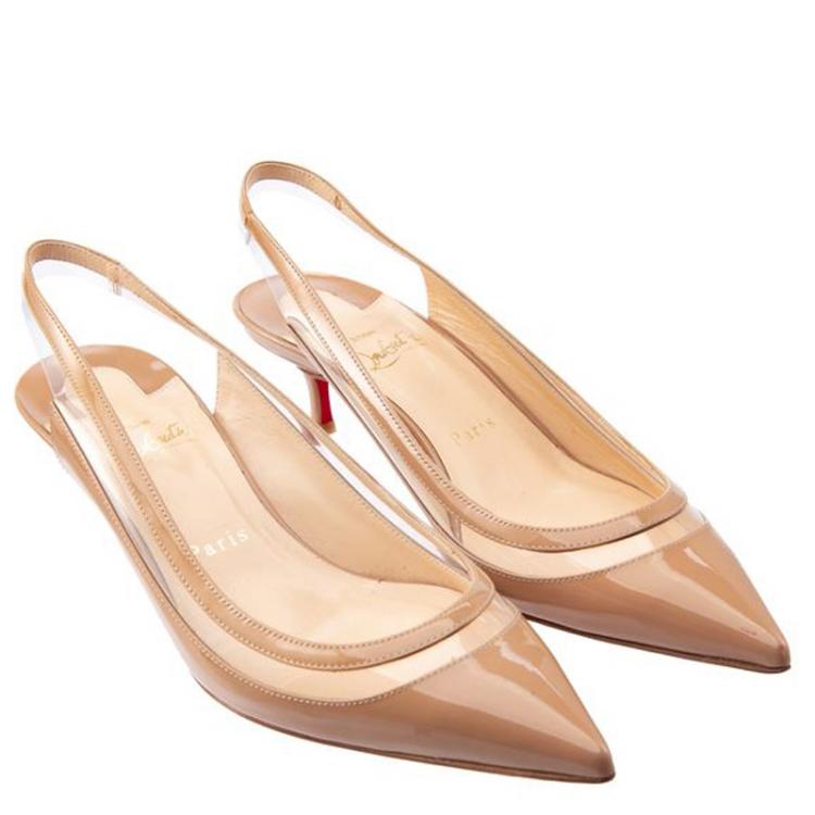 Pre Owned Christian Louboutin Beige Patent Leather Slingback Pumps Size 39