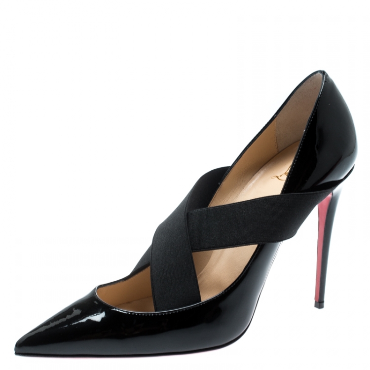 Pre Owned Christian Louboutin Black Patent Leather Sharpstagram Cross Strap Pointed Toe Pumps Size 39.5