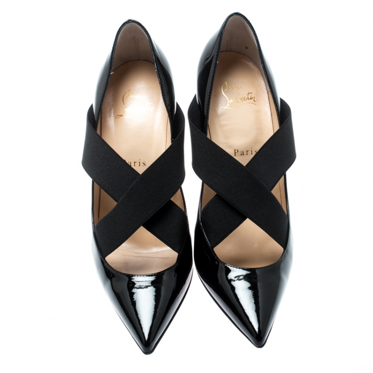 Pre Owned Christian Louboutin Black Patent Leather Sharpstagram Cross Strap Pointed Toe Pumps Size 39.5