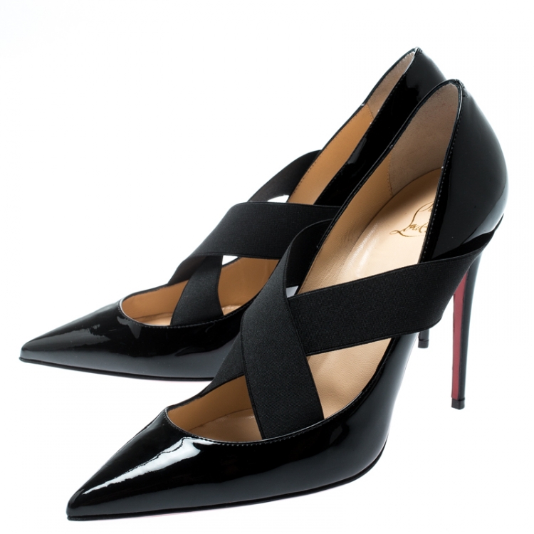 Pre Owned Christian Louboutin Black Patent Leather Sharpstagram Cross Strap Pointed Toe Pumps Size 39.5