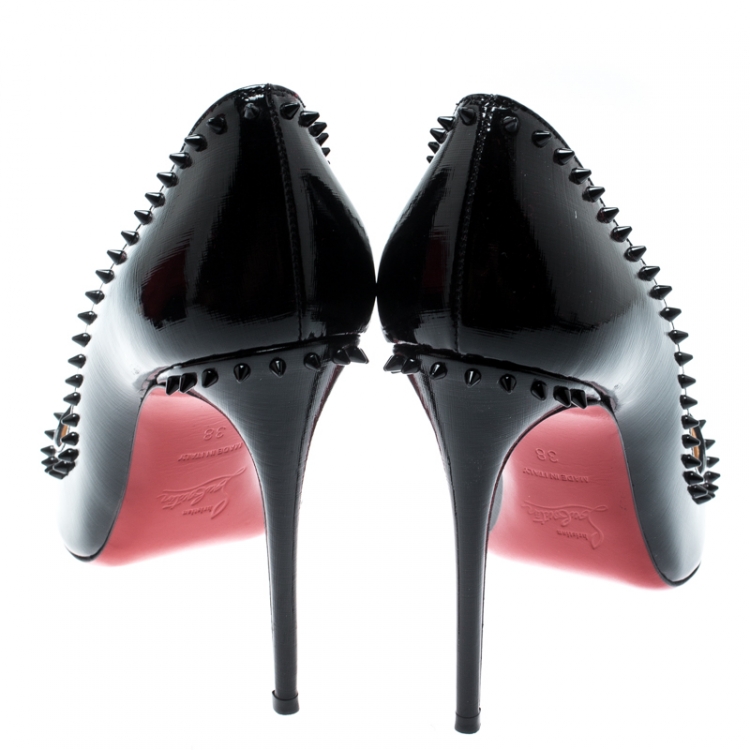 Pre Owned Christian Louboutin Black Studded Patent Leather Anjalina Pumps Size 38