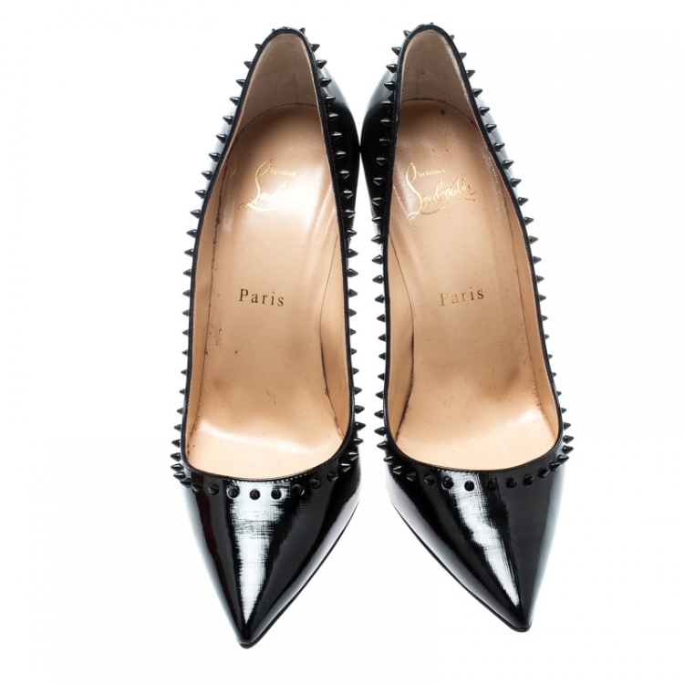 Pre Owned Christian Louboutin Black Studded Patent Leather Anjalina Pumps Size 38