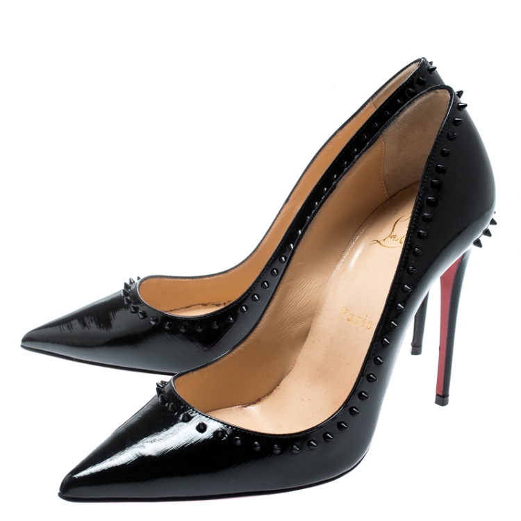 Pre Owned Christian Louboutin Black Studded Patent Leather Anjalina Pumps Size 38