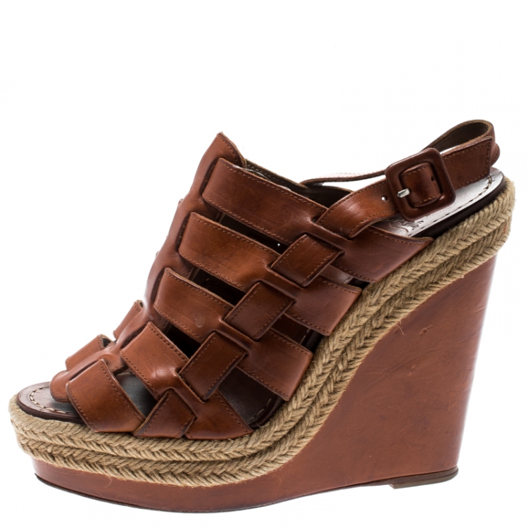 Pre Owned Christian Louboutin Brown Leather Caged Espadrille Wedge Sandals Size 37