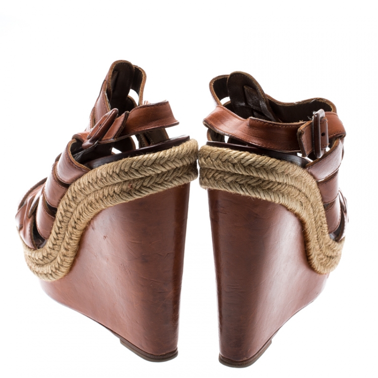 Pre Owned Christian Louboutin Brown Leather Caged Espadrille Wedge Sandals Size 37