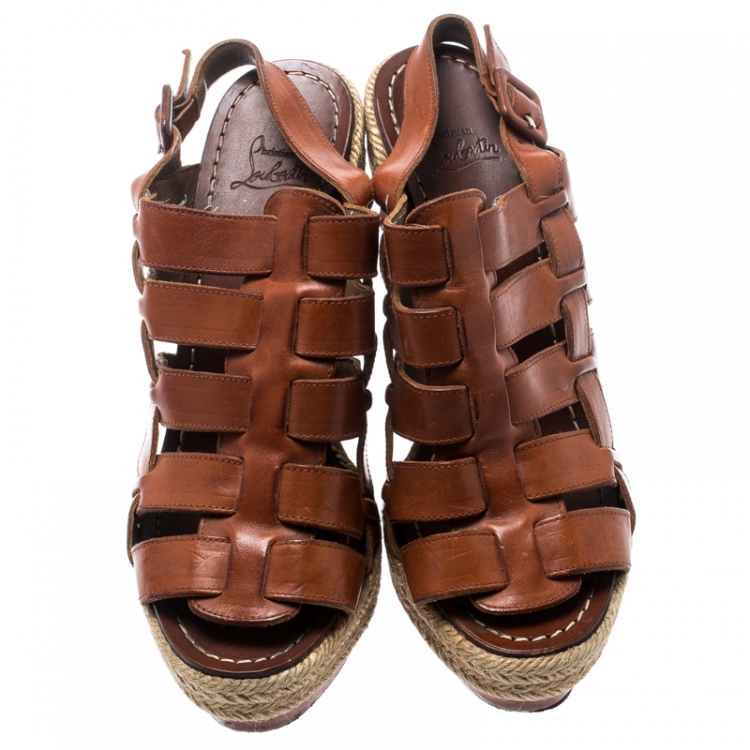 Pre Owned Christian Louboutin Brown Leather Caged Espadrille Wedge Sandals Size 37