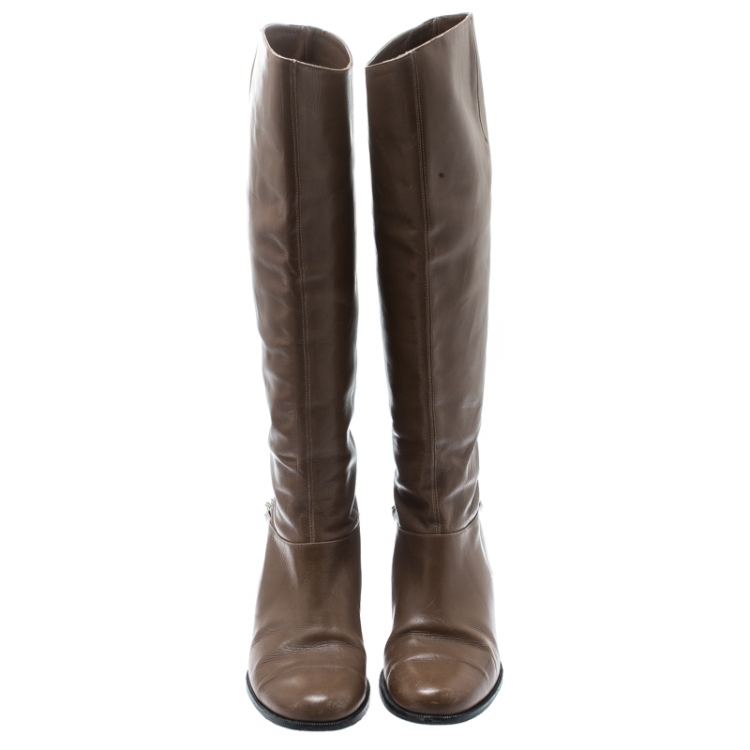 Pre Owned Christian Louboutin Beige Leather Cate Knee Length Boots Size 39
