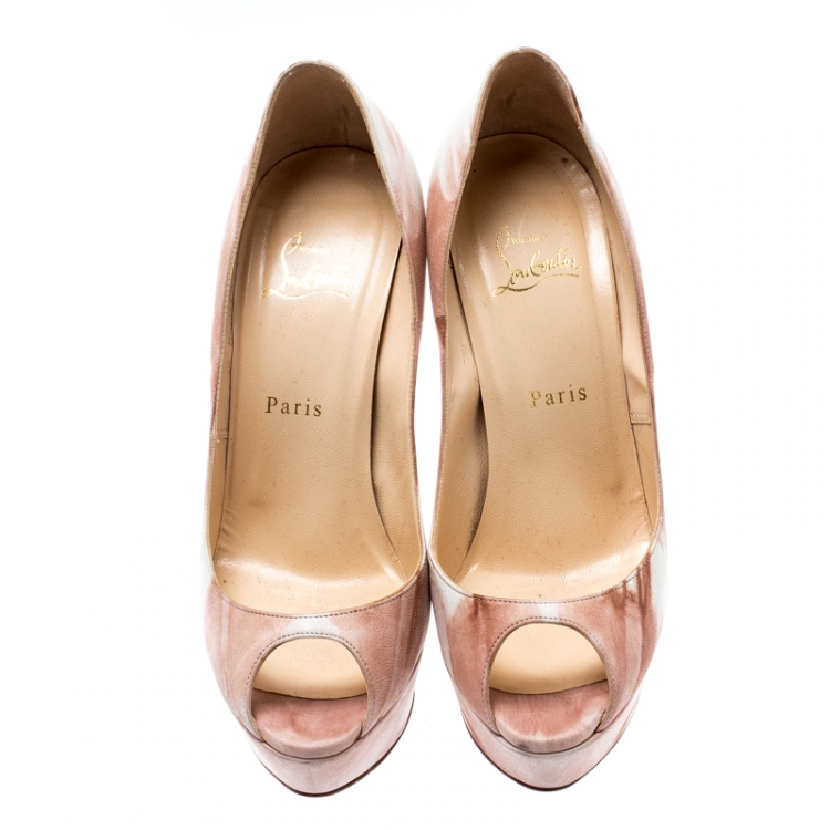 Pre Owned Christian Louboutin Beige/White Leather Lady Peep Toe Pumps Size 39.5