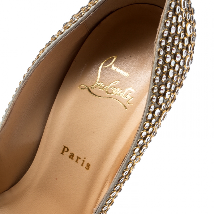Pre Owned Christian Louboutin Metallic Suede And Crystal Embellished Burma Daffodile Peep Toe Platform Pumps Size 40
