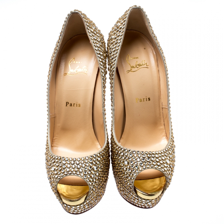 Pre Owned Christian Louboutin Metallic Suede And Crystal Embellished Burma Daffodile Peep Toe Platform Pumps Size 40