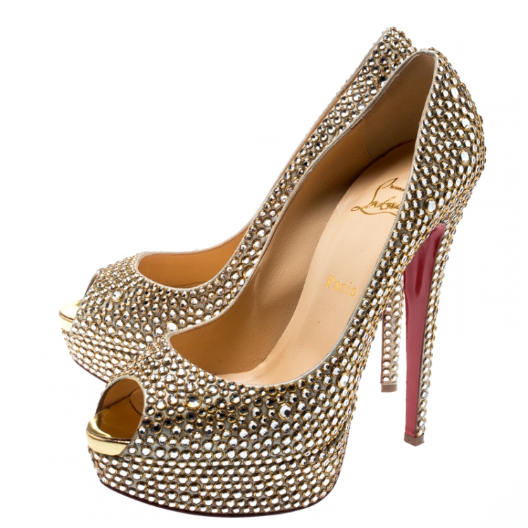 Pre Owned Christian Louboutin Metallic Suede And Crystal Embellished Burma Daffodile Peep Toe Platform Pumps Size 40