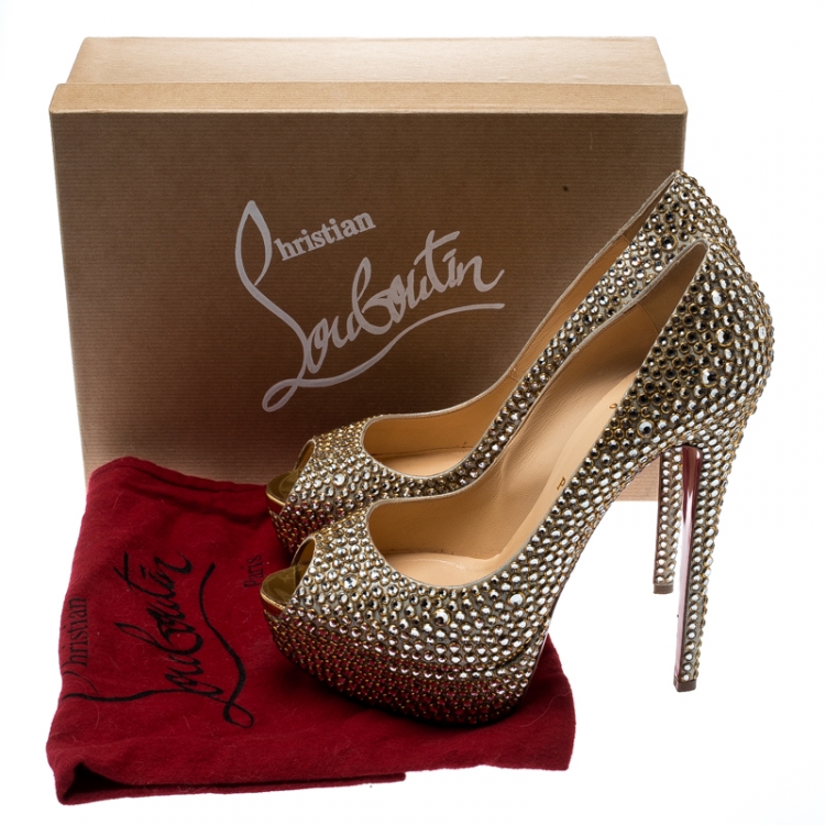 Pre Owned Christian Louboutin Metallic Suede And Crystal Embellished Burma Daffodile Peep Toe Platform Pumps Size 40