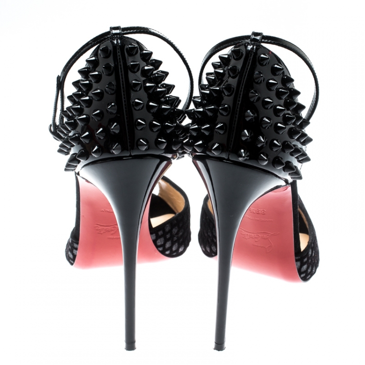 Pre Owned Christian Louboutin Black Flocked Suede Pina Spike Peep Toe Ankle Strap Sandals Size 39.5