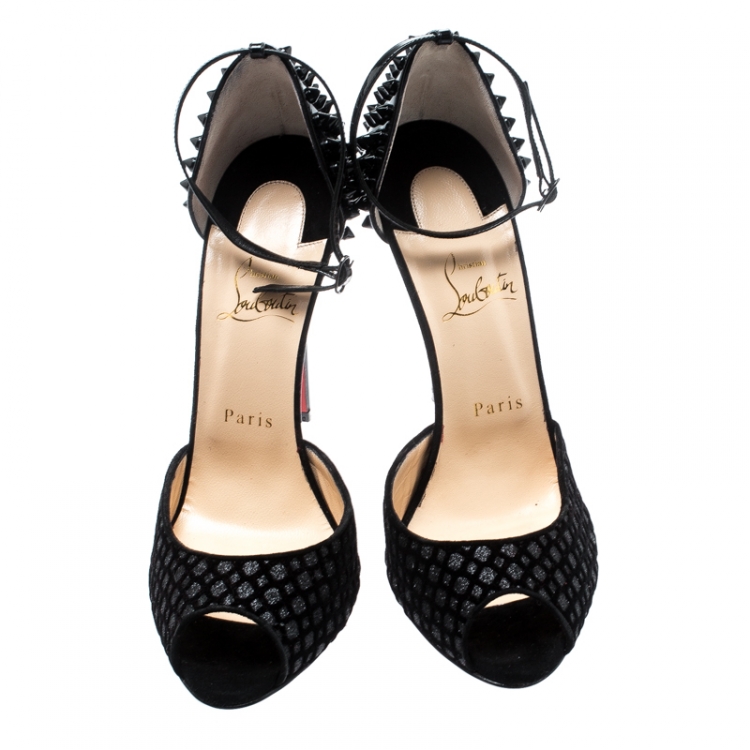 Pre Owned Christian Louboutin Black Flocked Suede Pina Spike Peep Toe Ankle Strap Sandals Size 39.5