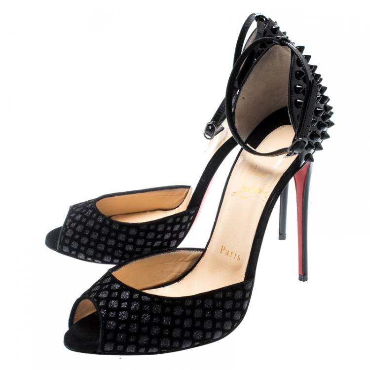 Pre Owned Christian Louboutin Black Flocked Suede Pina Spike Peep Toe Ankle Strap Sandals Size 39.5