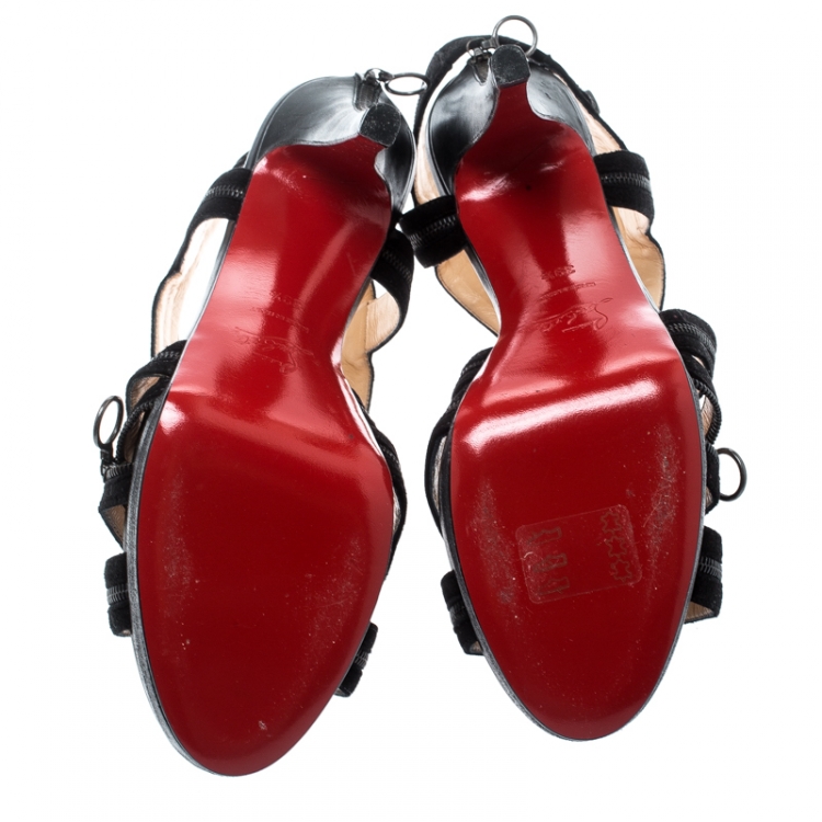 Pre Owned Christian Louboutin Black Suede Rodita Zip Cross Strap Platforms Sandals Size 39.5