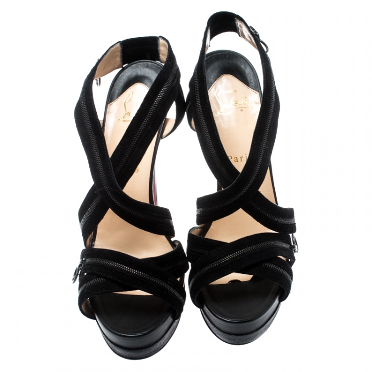 Pre Owned Christian Louboutin Black Suede Rodita Zip Cross Strap Platforms Sandals Size 39.5