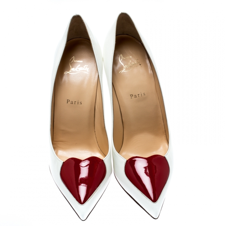 Pre Owned Christian Louboutin White Patent Leather Doracora Red Heart Pumps Size 39.5