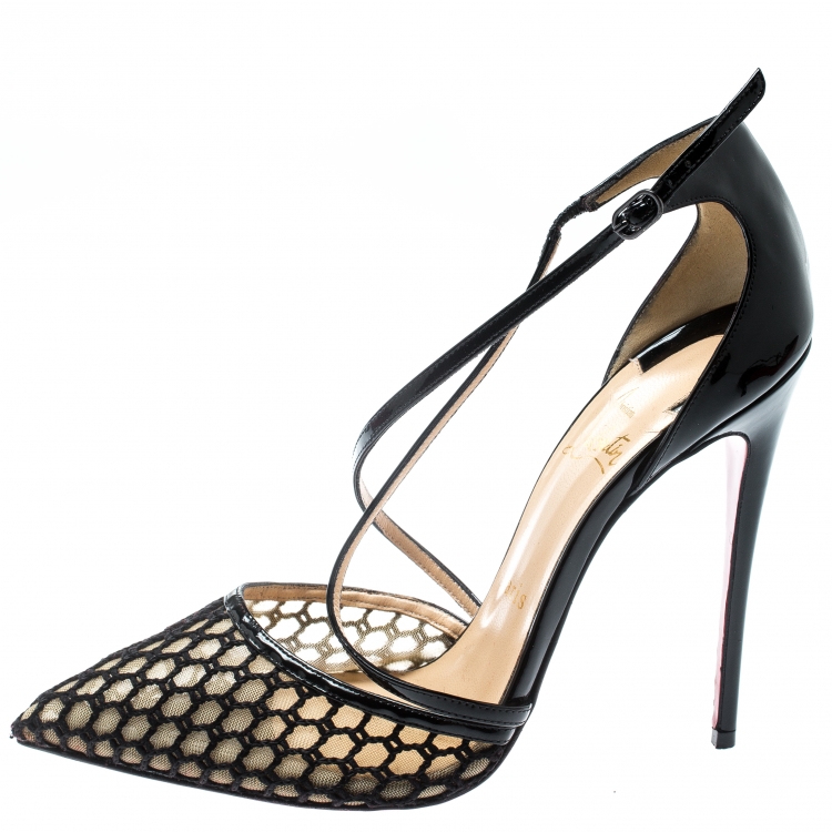 Pre Owned Christian Louboutin Black Mesh/Patent Leather Blake Cross Strap Pointed Toe Sandals Size 38.5