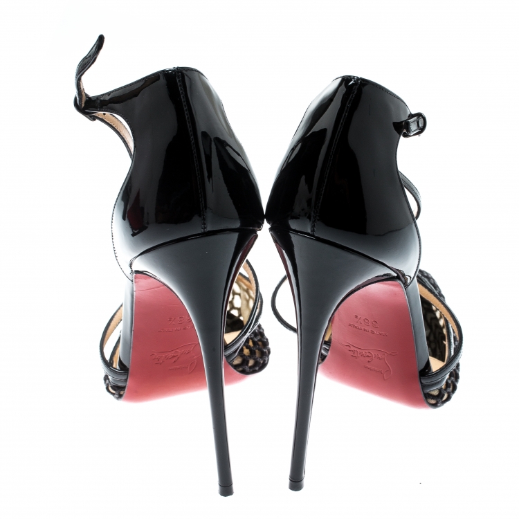 Pre Owned Christian Louboutin Black Mesh/Patent Leather Blake Cross Strap Pointed Toe Sandals Size 38.5
