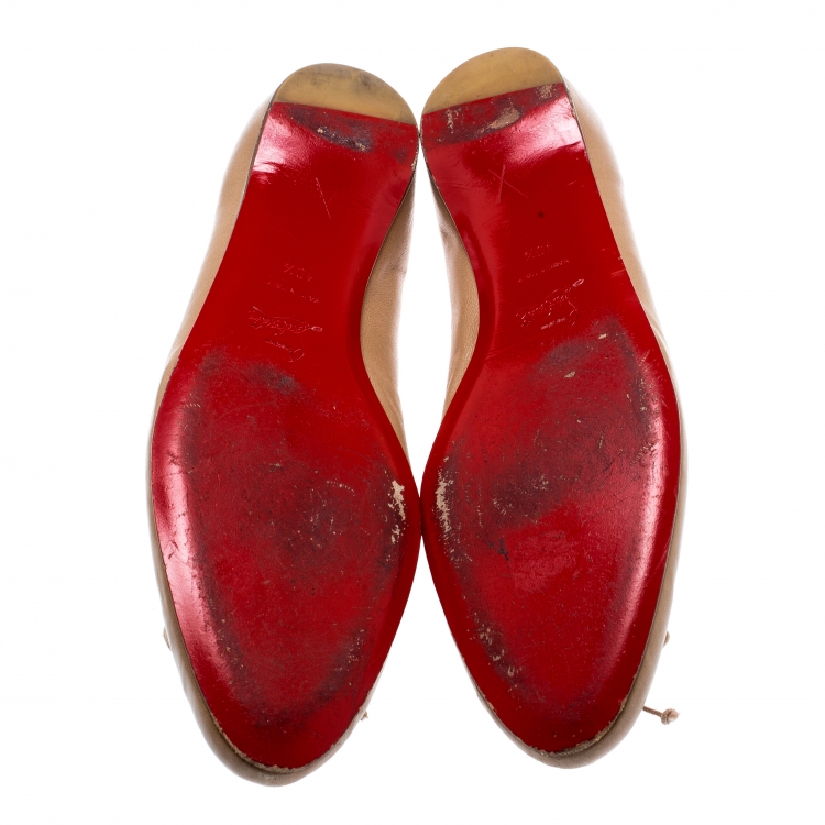 Pre Owned Christian Louboutin Beige Leather Bow Ballet Flats Size 40.5