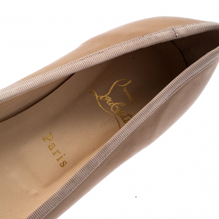 Pre Owned Christian Louboutin Beige Leather Bow Ballet Flats Size 40.5